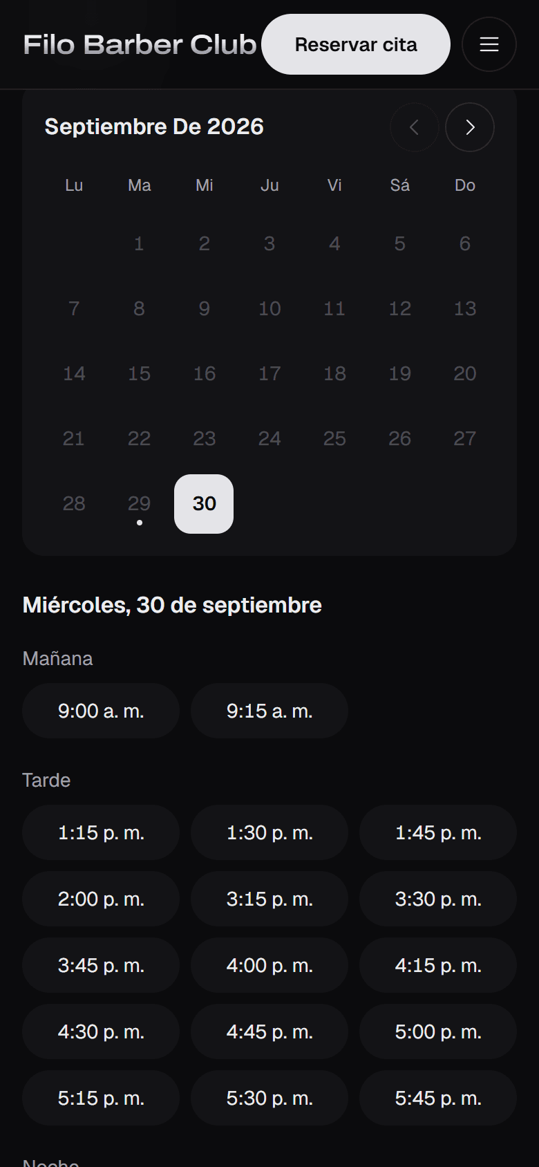 Reserva desde el celular: calendario con horas libres
